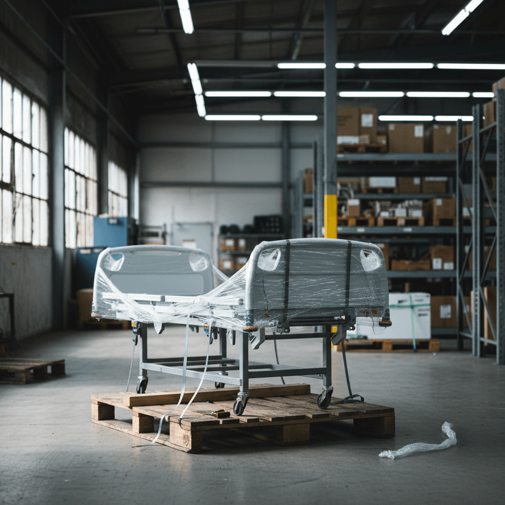 Hospital bed on export pallet
