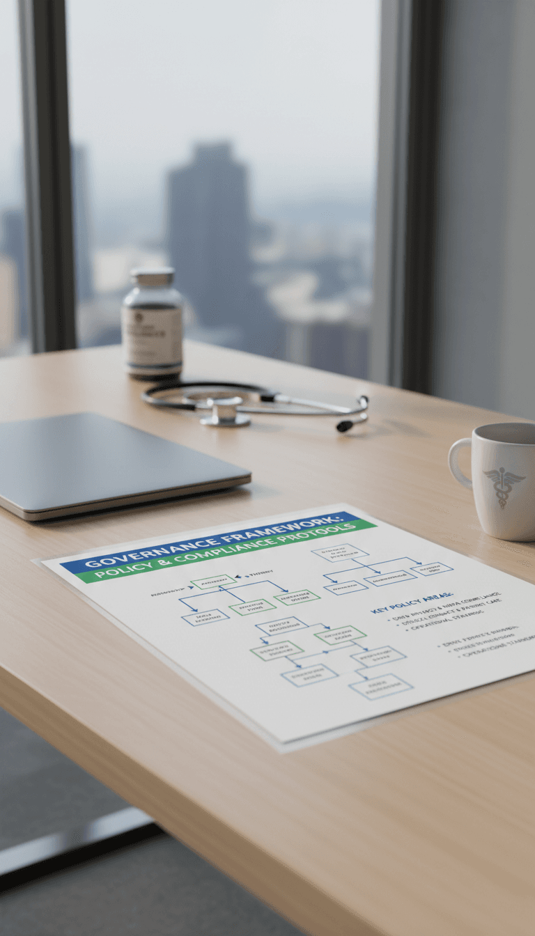 Printed governance framework document with structured sections, decision trees, and policy protocols on desk
