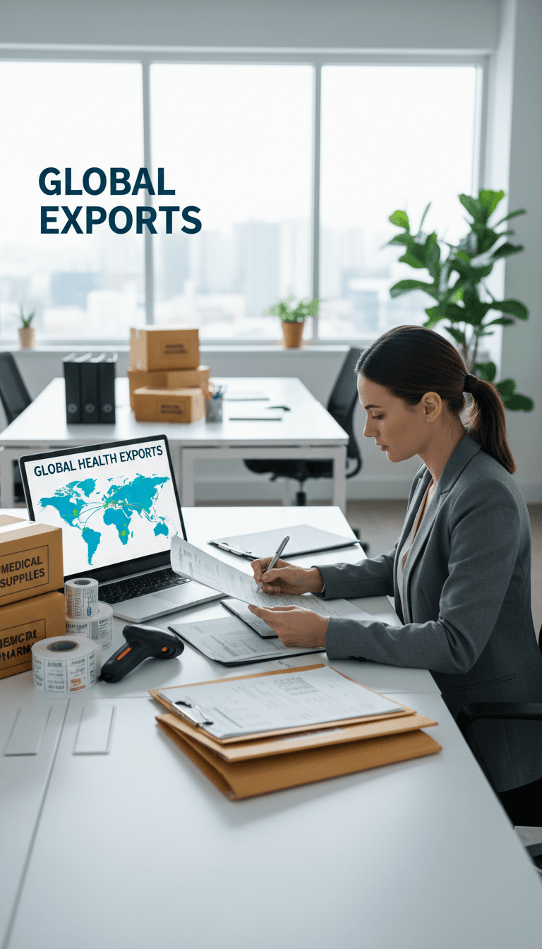 Logistics coordinator reviewing international trade documentation and customs forms at organized desk with shipping materials
