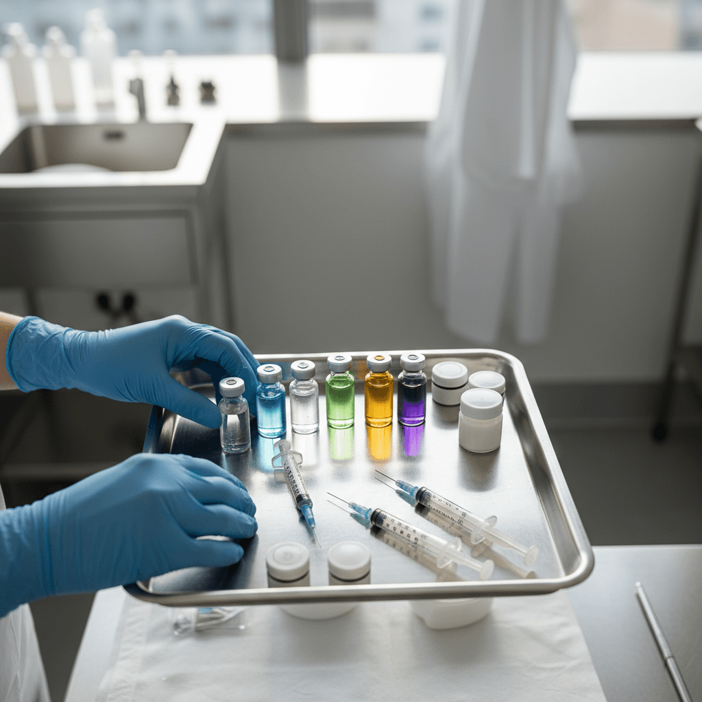 Overhead view of treatment vials, syringes, and medical instruments arranged on a sterile surgical tray