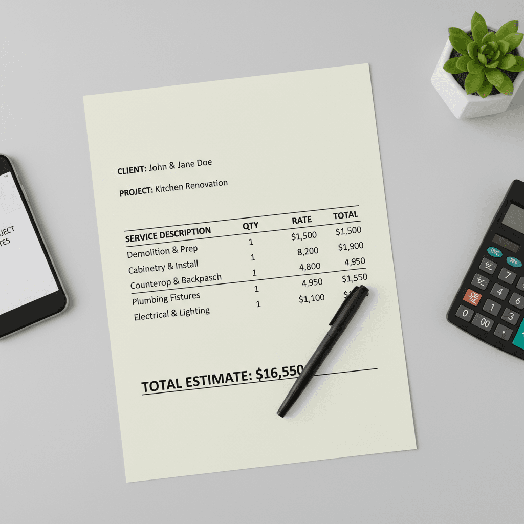 Overhead view of completed professional estimate document with itemized pricing, pen, smartphone, and calculator on minimalist desk