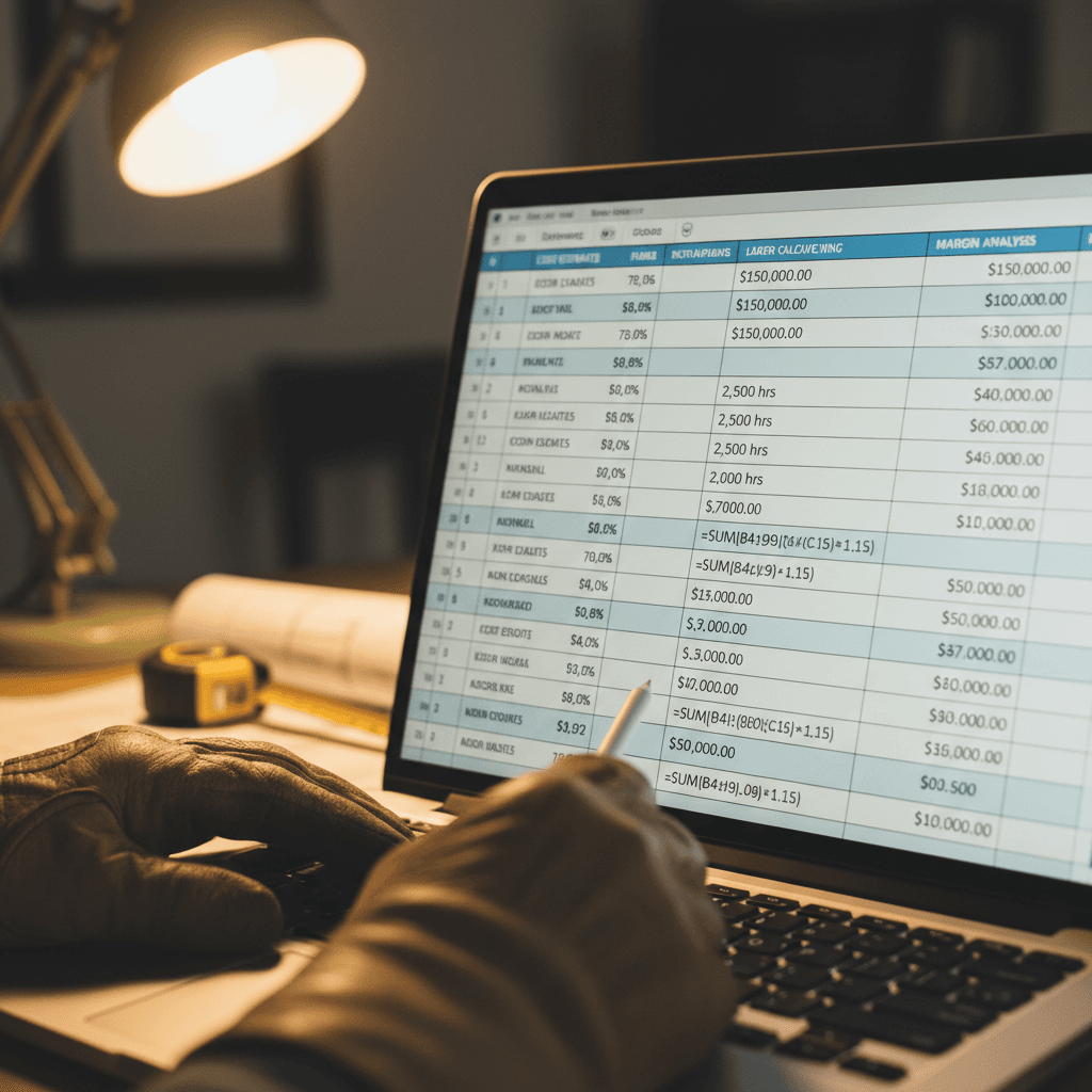 Close-up of construction bid proposal spreadsheet on laptop displaying cost estimates and pricing calculations