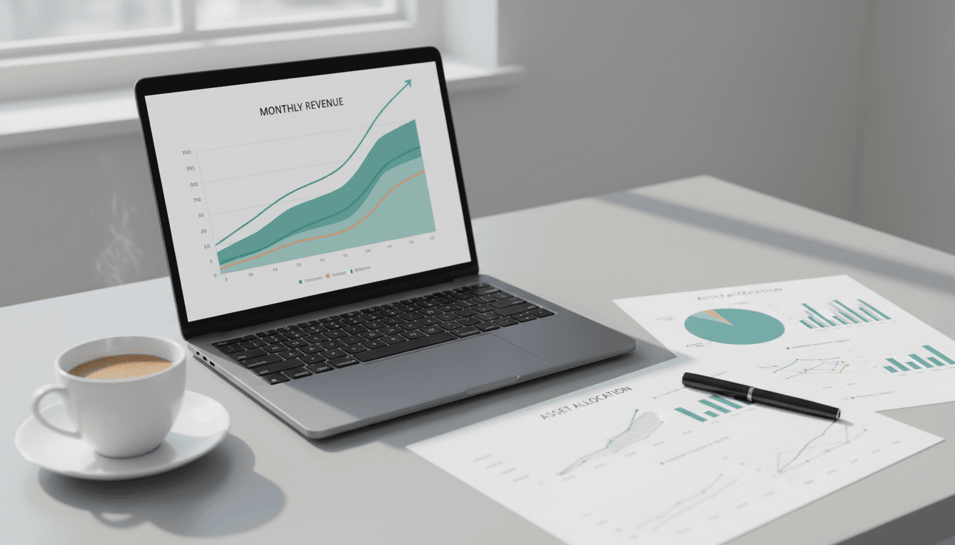 Laptop displaying colorful financial charts and reports on organized desk with coffee and pen in natural light
