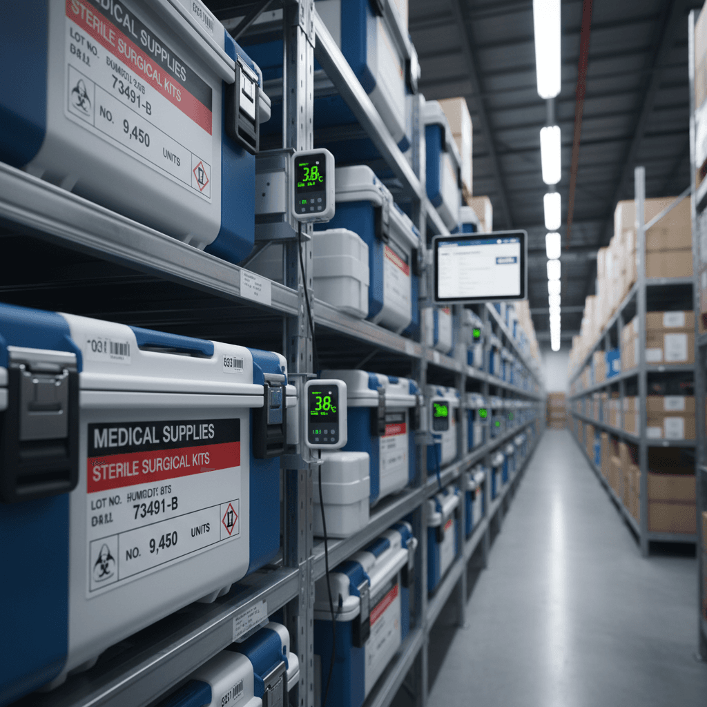 Organized stack of labeled medical equipment boxes and surgical kits in warehouse with temperature monitoring devices and professional racking system