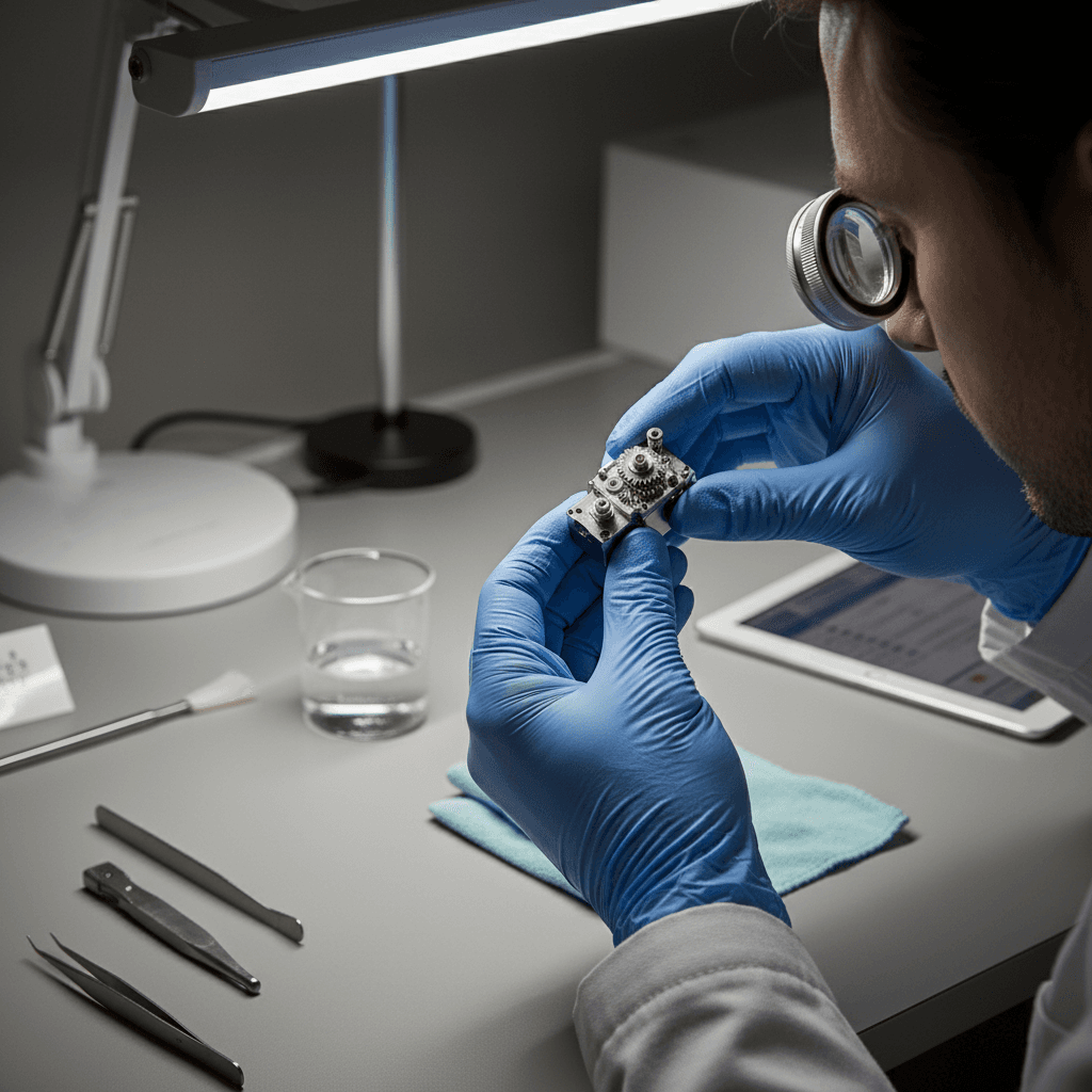 Technician in protective gloves inspecting precision mechanical component under bright task lighting on clean workbench
