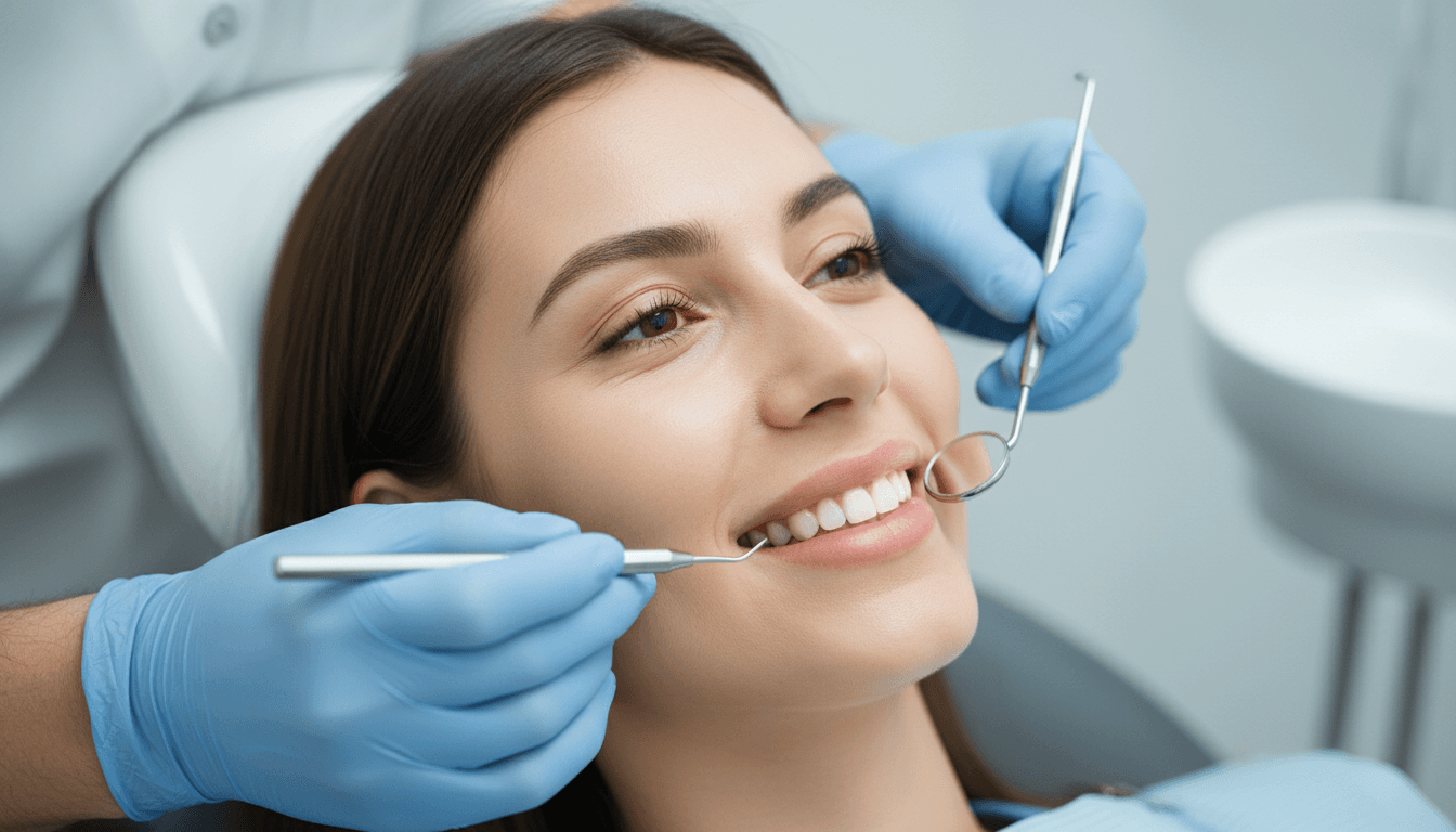 Dentist examining patient's teeth during clinical checkup with dental mirror, patient smiling in bright operatory lighting