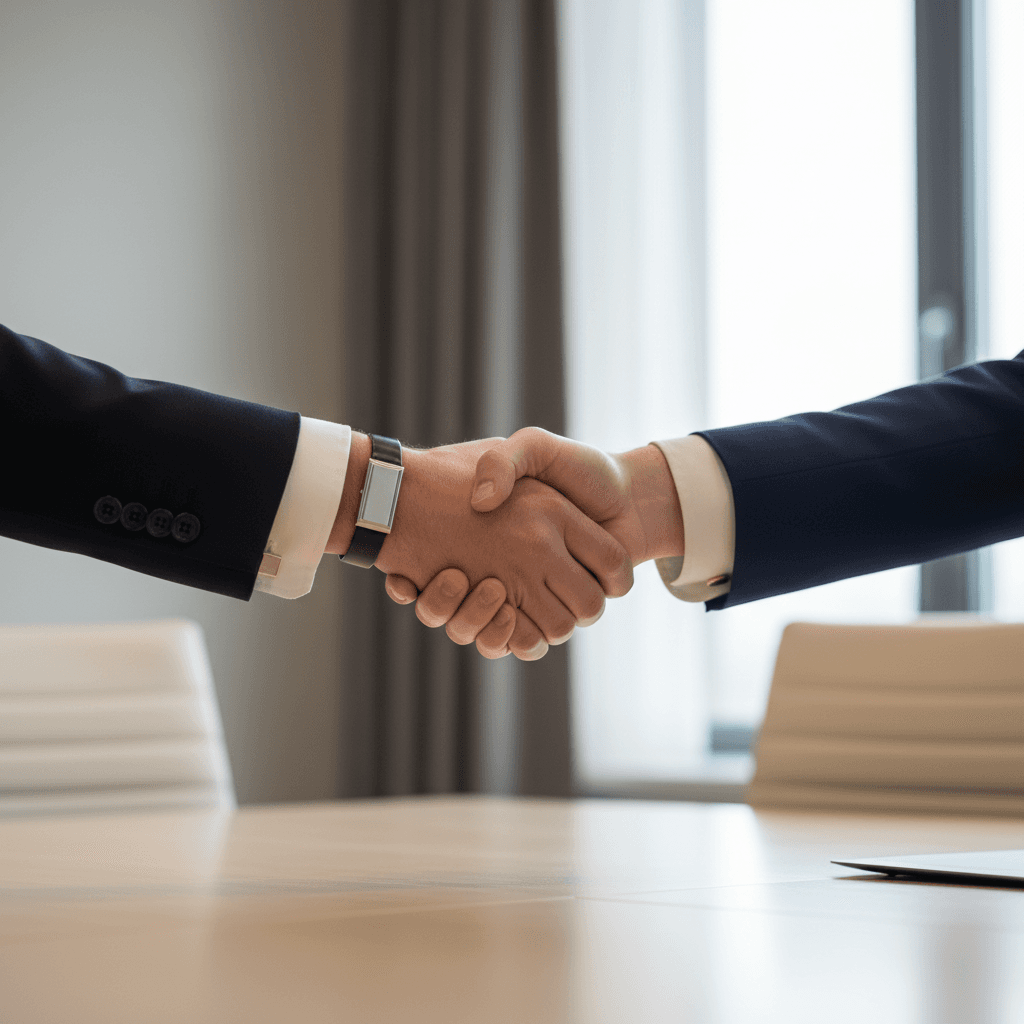 Two professionals shaking hands across polished wooden conference table in formal business setting