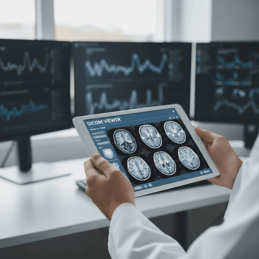 Radiologist examining medical imaging scans on tablet in clinical setting with multiple monitors in background