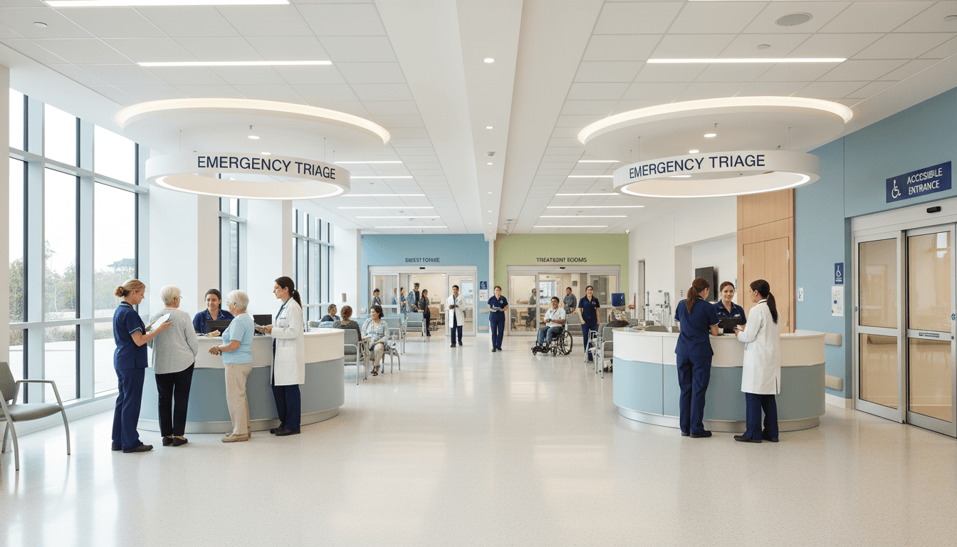 Modern hospital emergency department entrance with reception staff assisting patients in bright, contemporary facility with clean architectural design