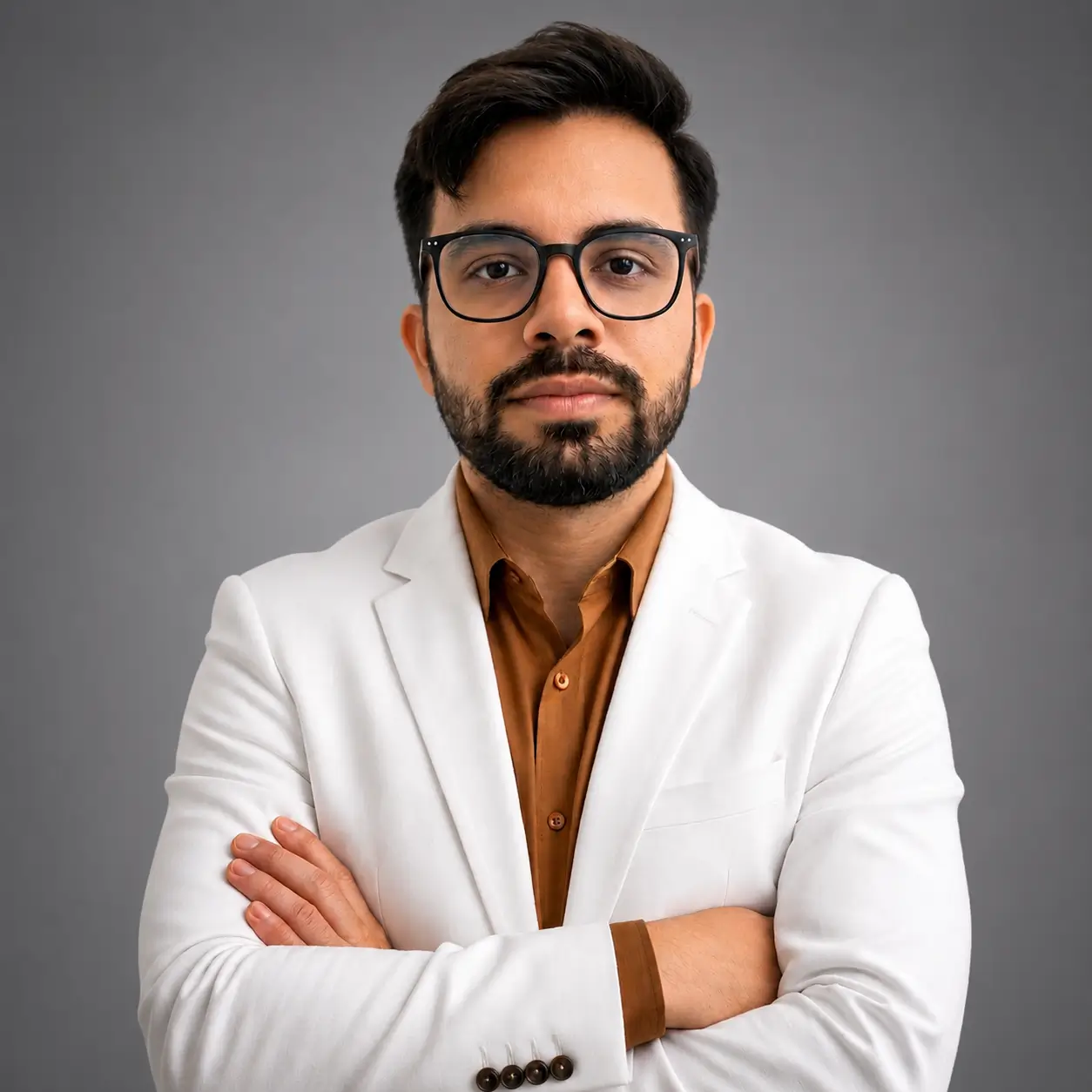 Bearded man with glasses wearing a white blazer and brown shirt with arms crossed.